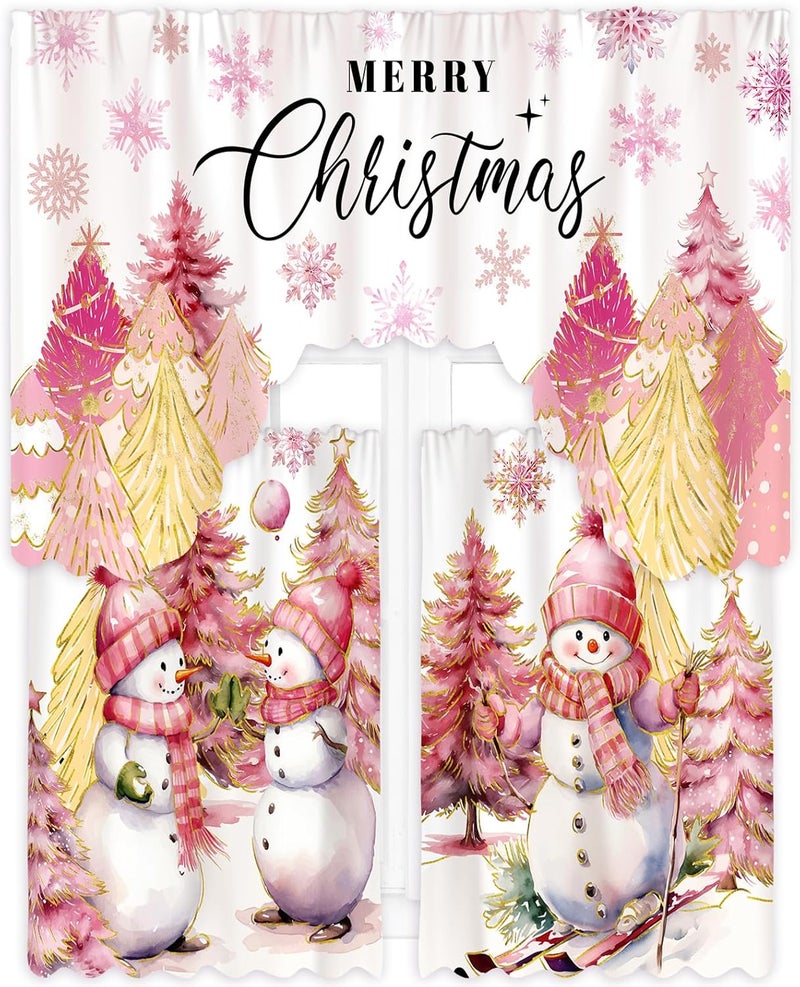 FuWeave Christmas Kitchen Curtains 3 Piece Set Pink Snowman Window Curtains and Valance Set Xmas Curtain Swag for Kitchen Bedroom Living Room Decor, 60 x 36 Valance, 36 x 30 Tier - Image 1